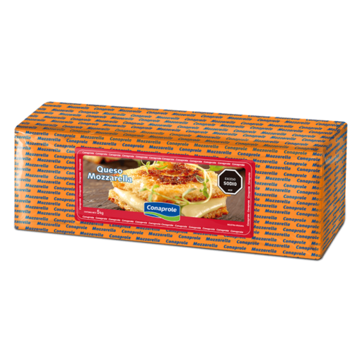Caja de mozzarella funda naranja Conaprole con barras de 5 kg